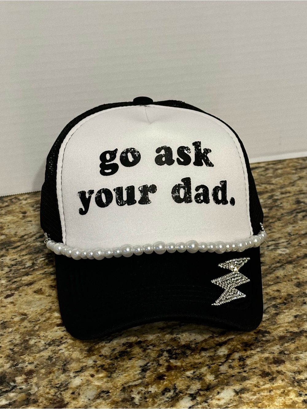 Black & White 'Go Ask Your Dad' Trucker Hat with Pearl Trim
